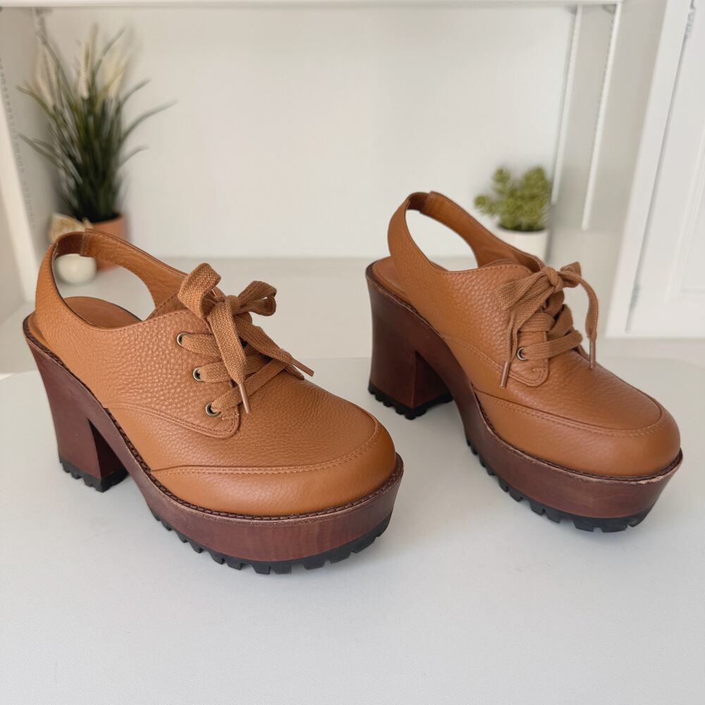 Intentionally Blank Hobby Slingback Platform Clog Whiskey Brown Leather Size 8 - Picture 2 of 8